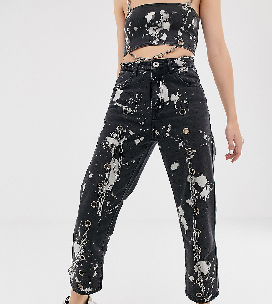 One Above Another high waist mom jeans with chain detail in paint splatter denim