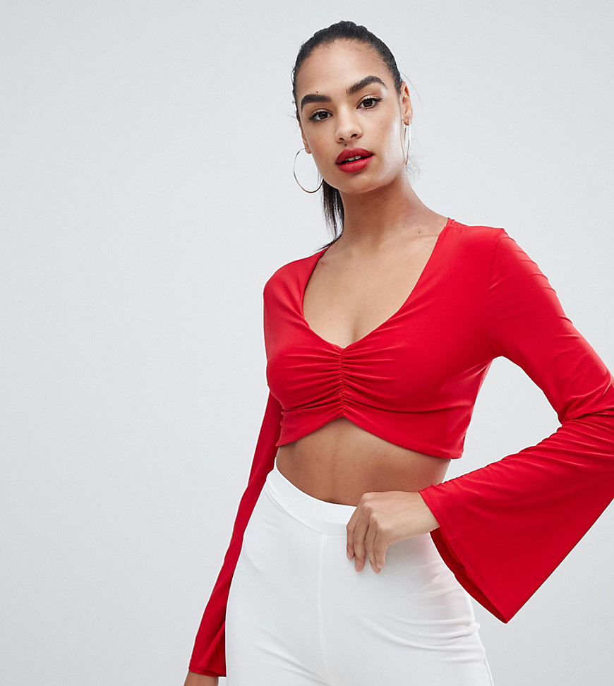 PrettyLittleThing slinky v neck ruched flare sleeve crop top in red