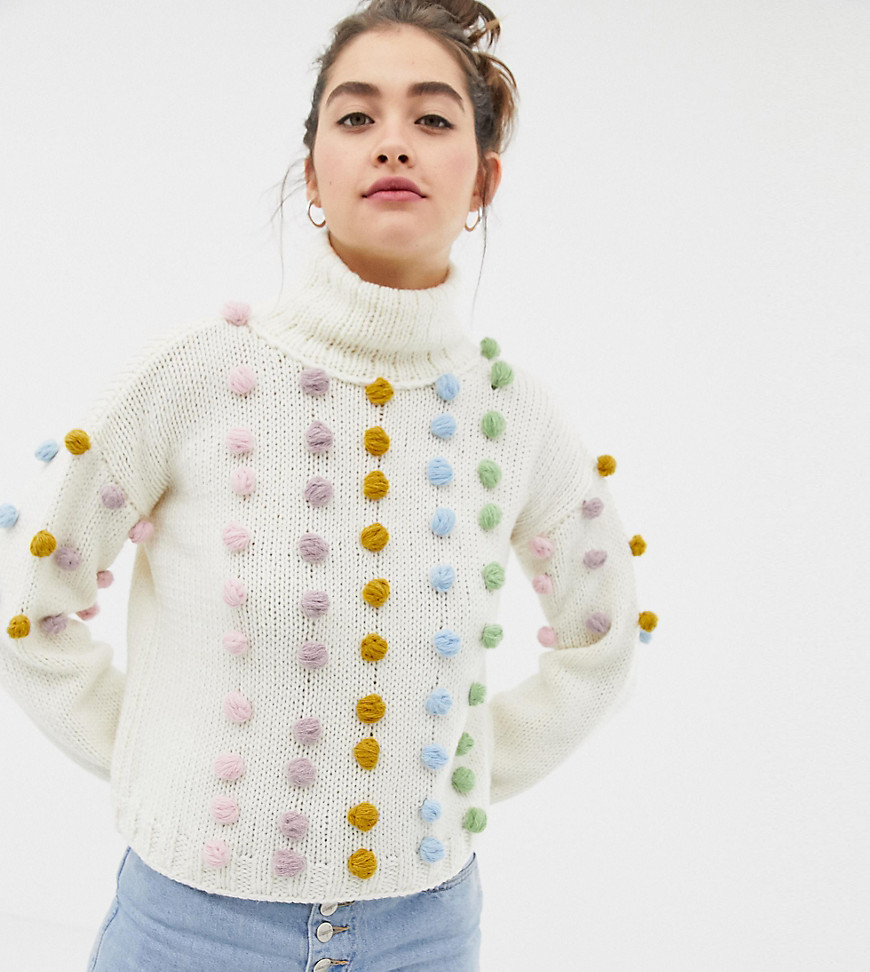 OneOn exclusive hand knitted multicoloured pom pom jumper