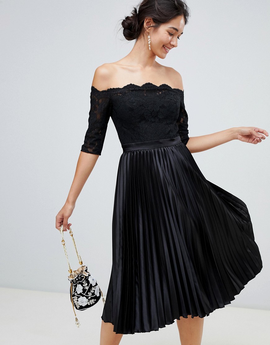 Chi Chi London lace top midi dress with pleated skirt in black