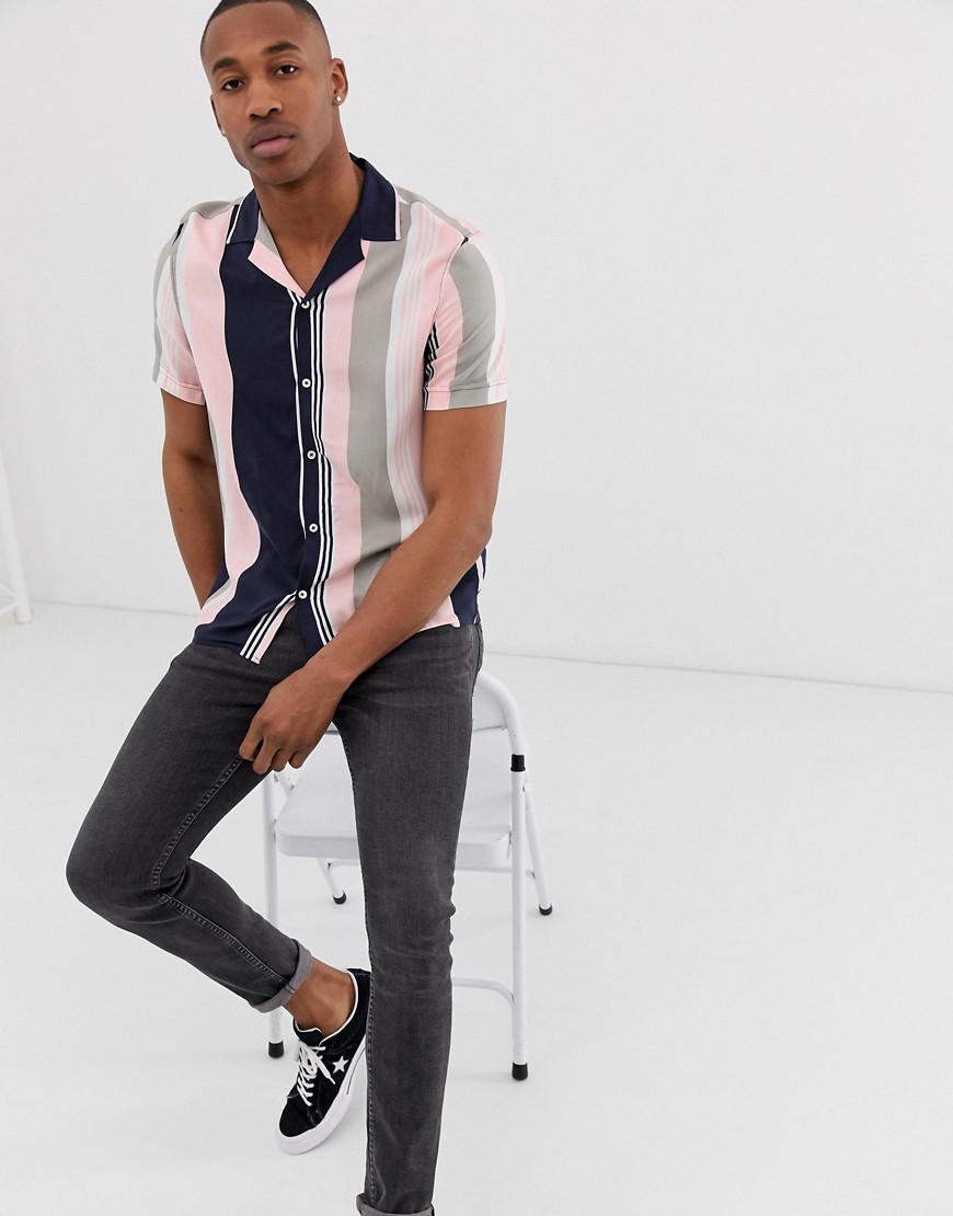 Burton Menswear revere shirt in pink and navy stripe