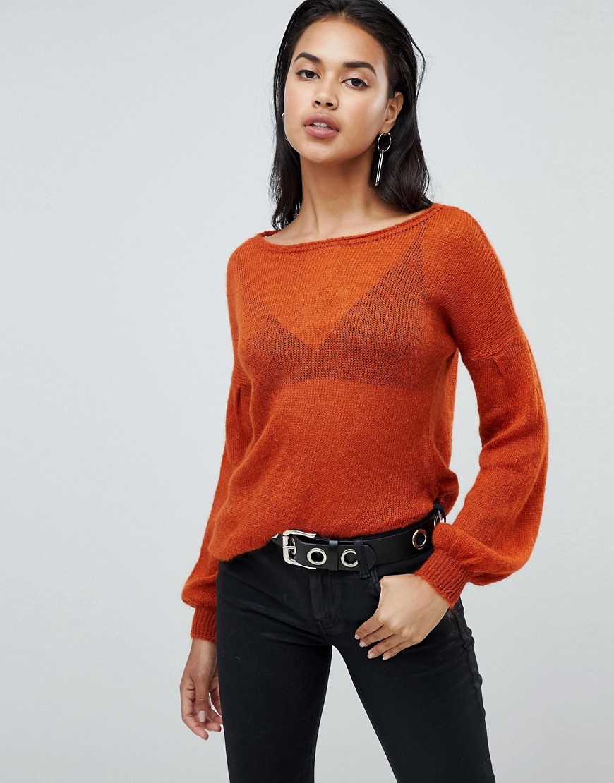 Sisley balloon sleeve fine knit jumper in orange - Orange
