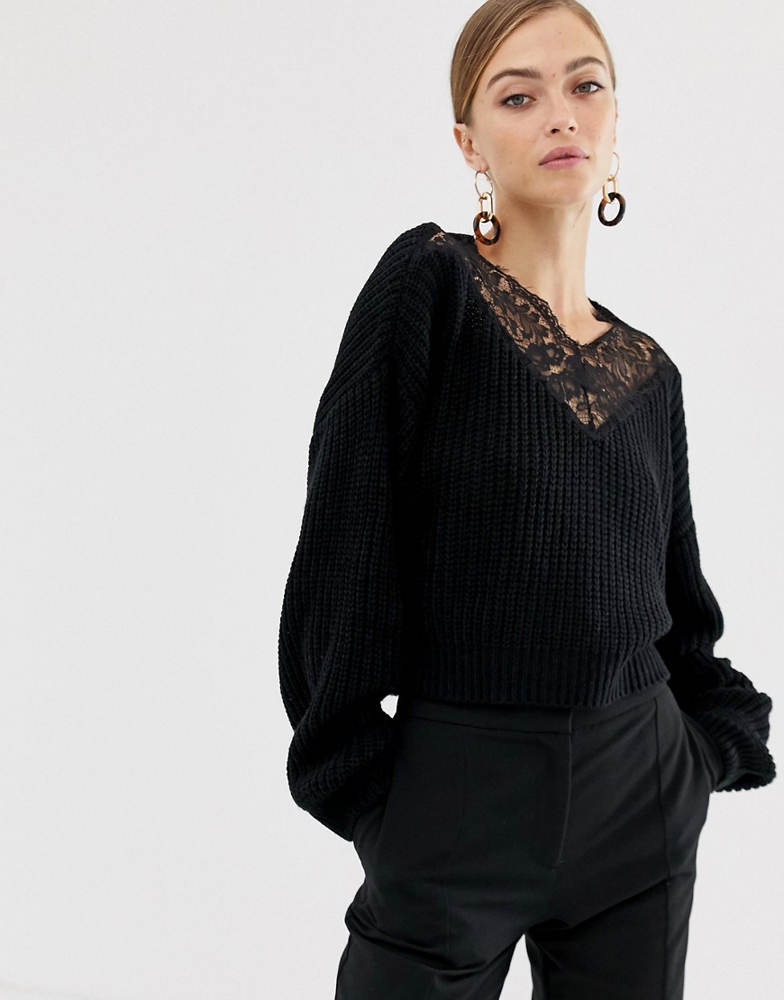 YAS chunky knit jumper with lace panel