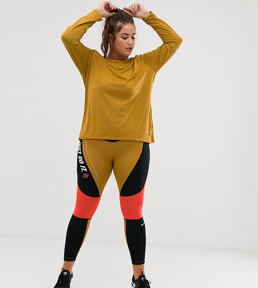 Nike Plus Training High Waist Colourblock Leggings In Gold And Pink