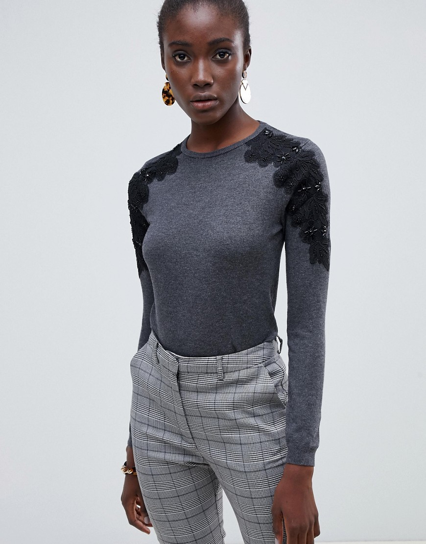 Warehouse jumper with lace shoulder detail in grey