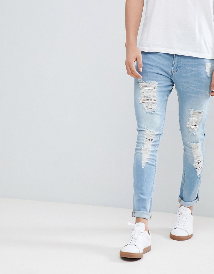 LDN DNM Spray On Jeans with Rips in Mid Wash Indigo