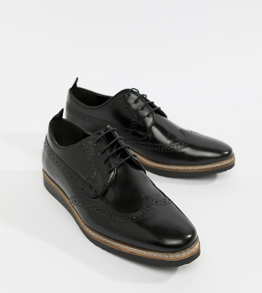 Asos Design Brogue Shoes In Black Leather With Wedge Sole