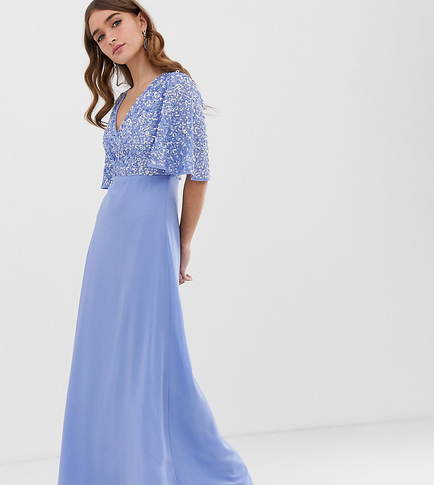 Maya Petite sequin top maxi dress with flutter sleeve detail in bluebell