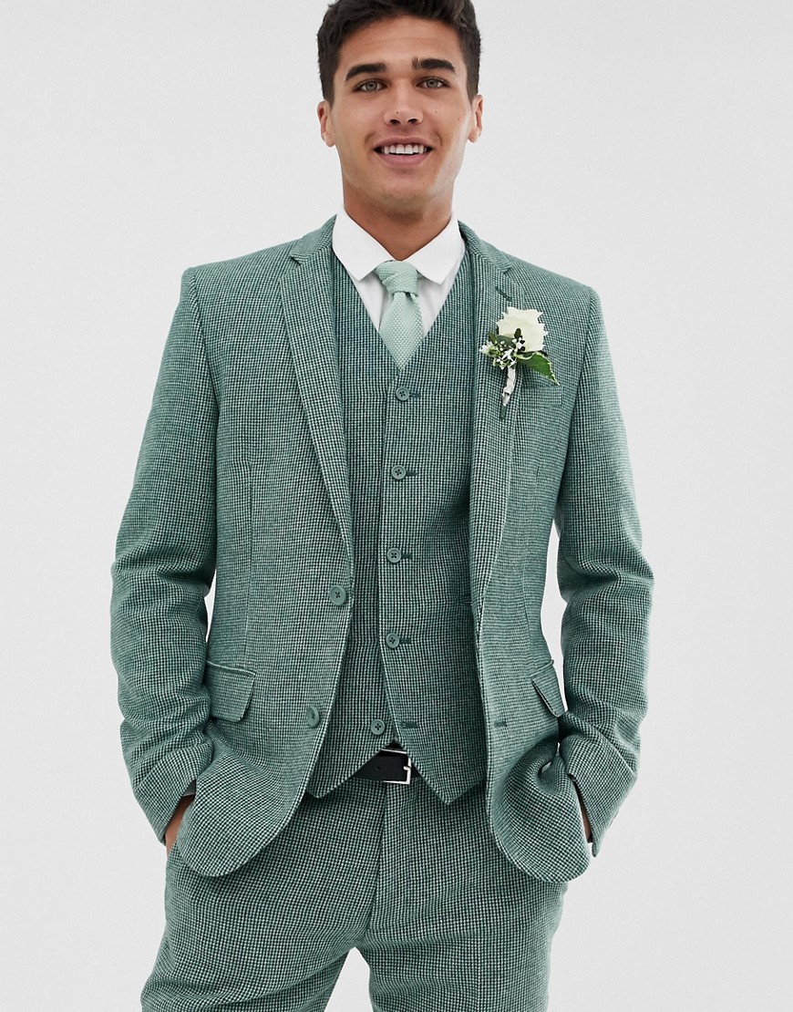 ASOS DESIGN wedding super skinny suit jacket in green wool blend mini check