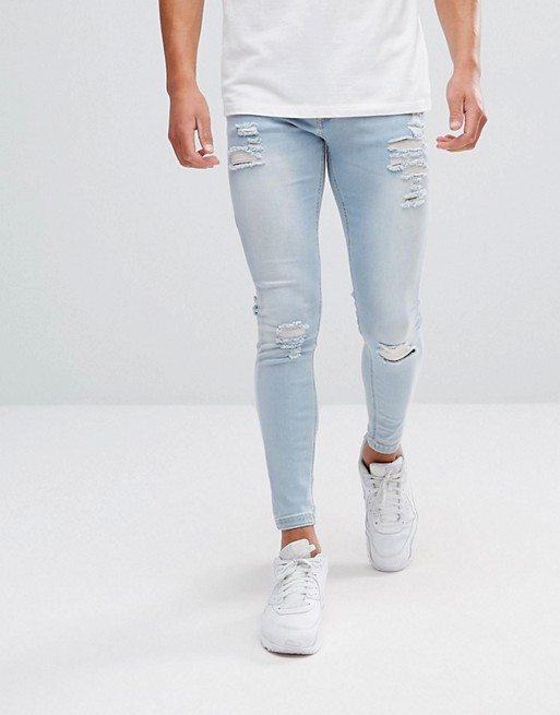 11 Degrees Super Skinny Jeans In Lightwash Blue With Distressing