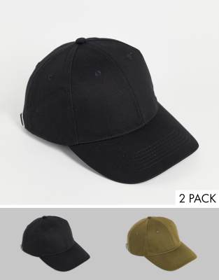  2 бейсболки из хлопка черного цвета/цвета хаки ASOS DESIGN-Мульти