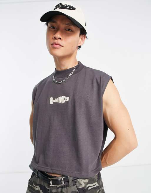 2-Minds cropped high neck singlet in dark charcoal