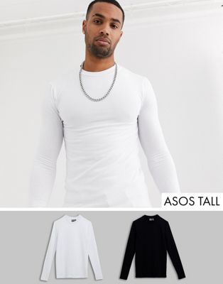 2-pak tætsiddende T-shirt med lange ærmer og rund hals med besparelse fra ASOS DESIGN Tall-Multifarvet