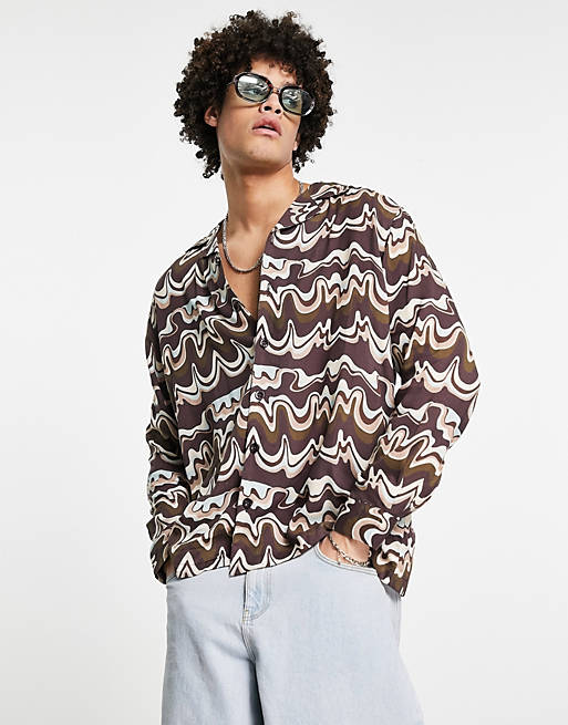 2minds wavy long sleeve shirt in brown