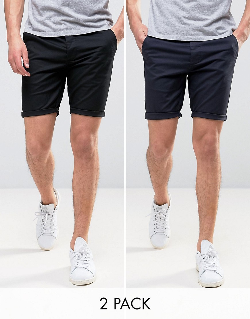 2pak sorte & navyfarvede skinny chino shorts fra Asos