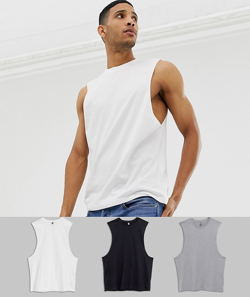 3-pakke afslappet ærmeløs T-shirt med rund hals og dybe ærmegab fra ASOS DESIGN spar-Multifarvet