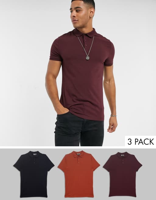 3-pakke tætsiddende polo i jerseystof fra ASOS DESIGN spar