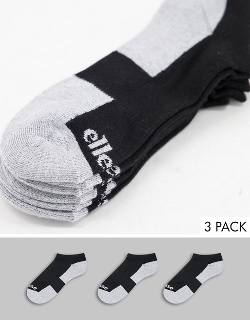 Ellesse 3 pack trainer socks in black and grey