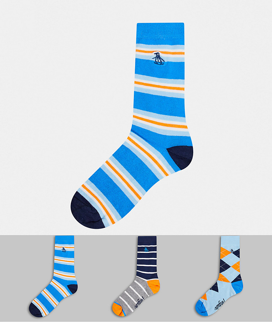 3Pk Mens Socks Penguin Argyle And Stripes Denim Navy Grey-Multicolore