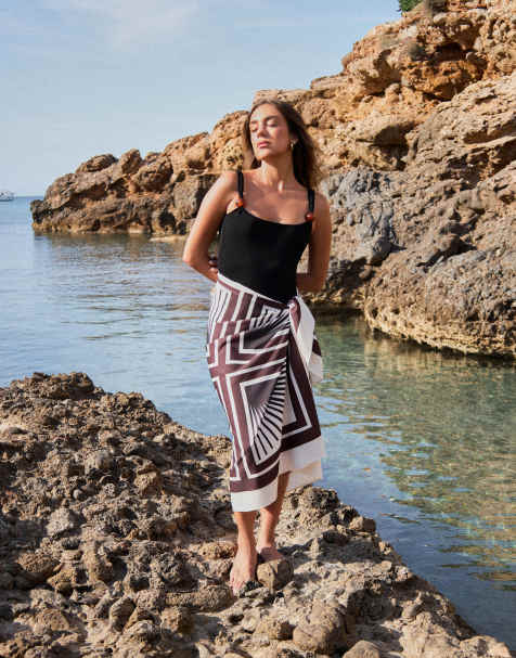 4th & Reckless x Luana Barron tie side maxi beach sarong skirt in brown tile print