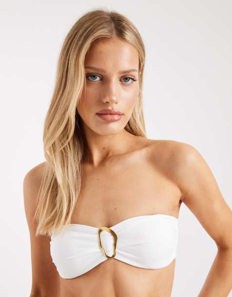 4- Th & Reckless - Set van bandeau-bikinitopje met gestrikte achterkant en goudkleurige details en broekje met hoge taille in wit - view 1