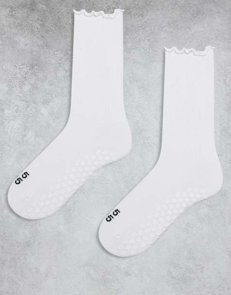 4505 – 2er-Pack rutschfeste Pilates-Crew-Socken in Weiß mit Kräuselsaum - view 1