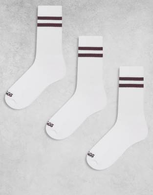 4505 - 3er-Pack schnell trocknender Crew-Socken in Weiß mit 2 Streifen in Schokoladenbraun