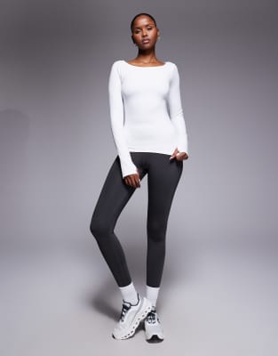 4505 Active Boat Neck Long Sleeve Top With Thumbhole In White