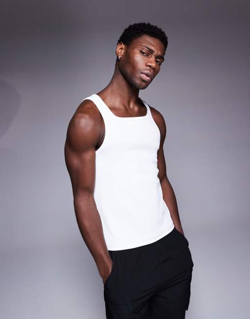 4505 - Active - Canotta da allenamento slim fit bianca a coste con scollo squadrato