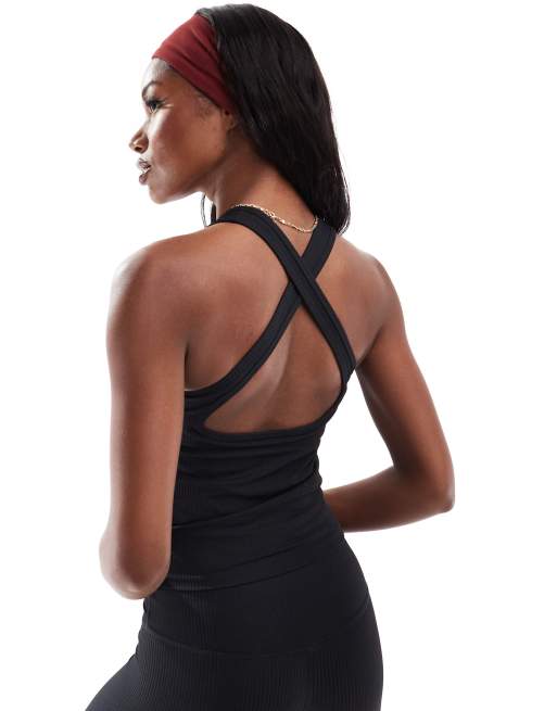 4505 - Active - Canotta nera a coste con reggiseno interno e incrocio sul retro , 2 di 4