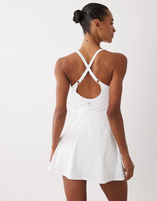 4505 active cross back tennis dress with inner bra and shorts in white, 3 of 4