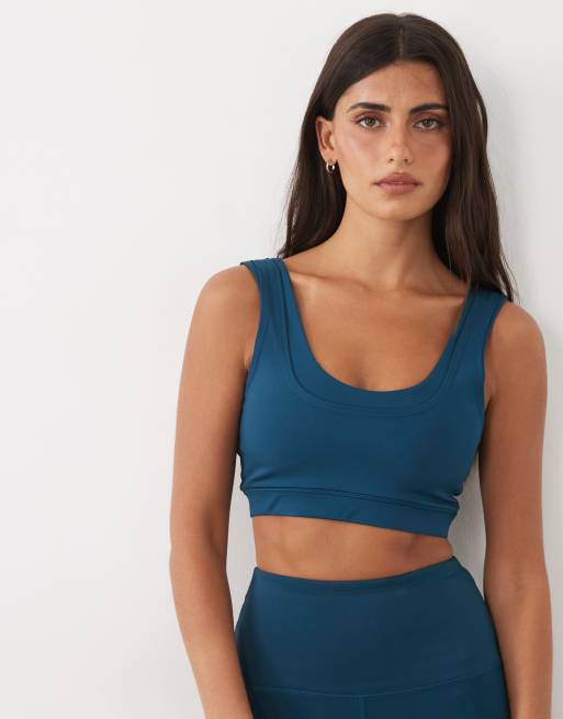 4505 active double layer scoop neck medium support sports bra in teal blue, 3 of 4