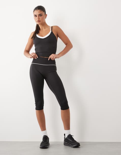 4505 Active double layer V-neck cami and low rise capri leggings with piping detail in black - view 1