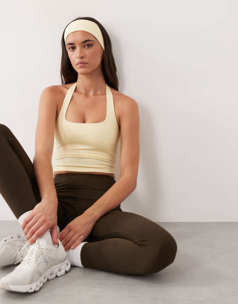 4505 active halter neck performance tank top with inner bra in butter yellow - view 1