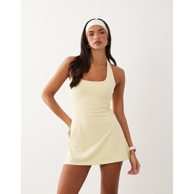 yellow tennis dress Double Layer Athletic it has a little stretchiness and not clingy at all 4505 active halter neck tennis