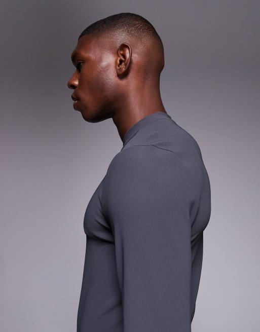 4505 - Active - Koksgrå ribstrikket løbetop med lange ærmer og lynlås i slim fit, 4 af 5