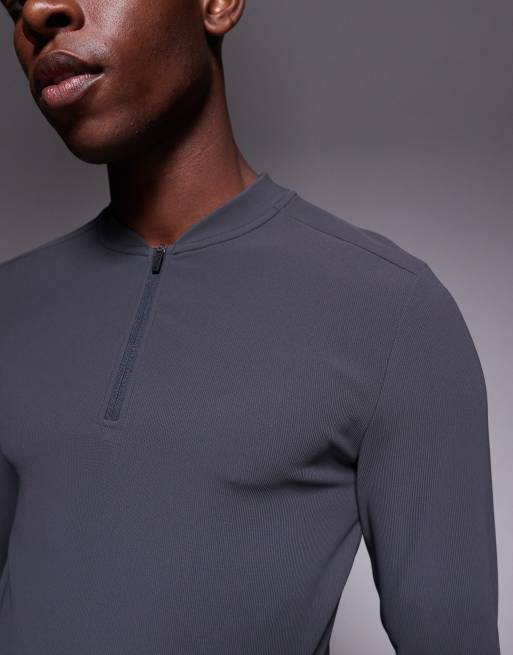 4505 - Active - Koksgrå ribstrikket løbetop med lange ærmer og lynlås i slim fit, 5 af 5