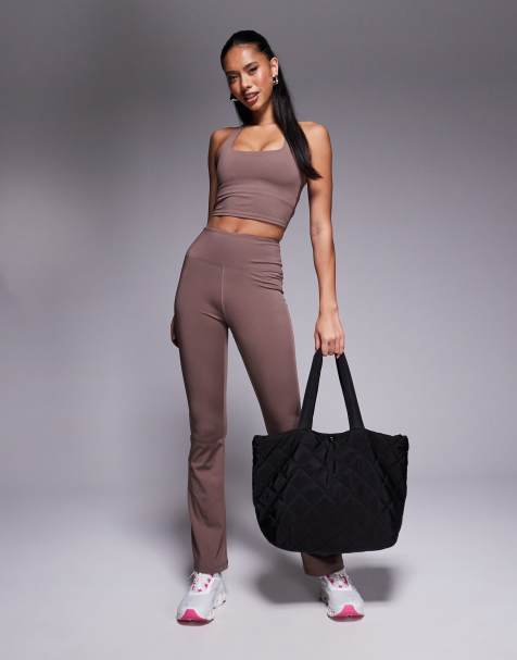 4505 active performance halter neck singlet & slim kick legging co-ord in taupe - view 1