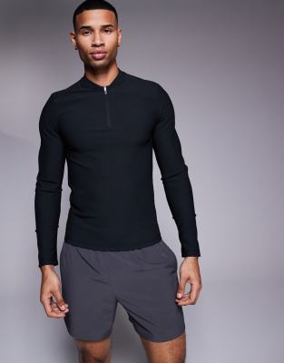 4505 active rib knit slim fit long sleeve zip up training top in black