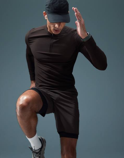 4505 active rib knit slim fit long sleeve zip up training top in dark brown - view 1