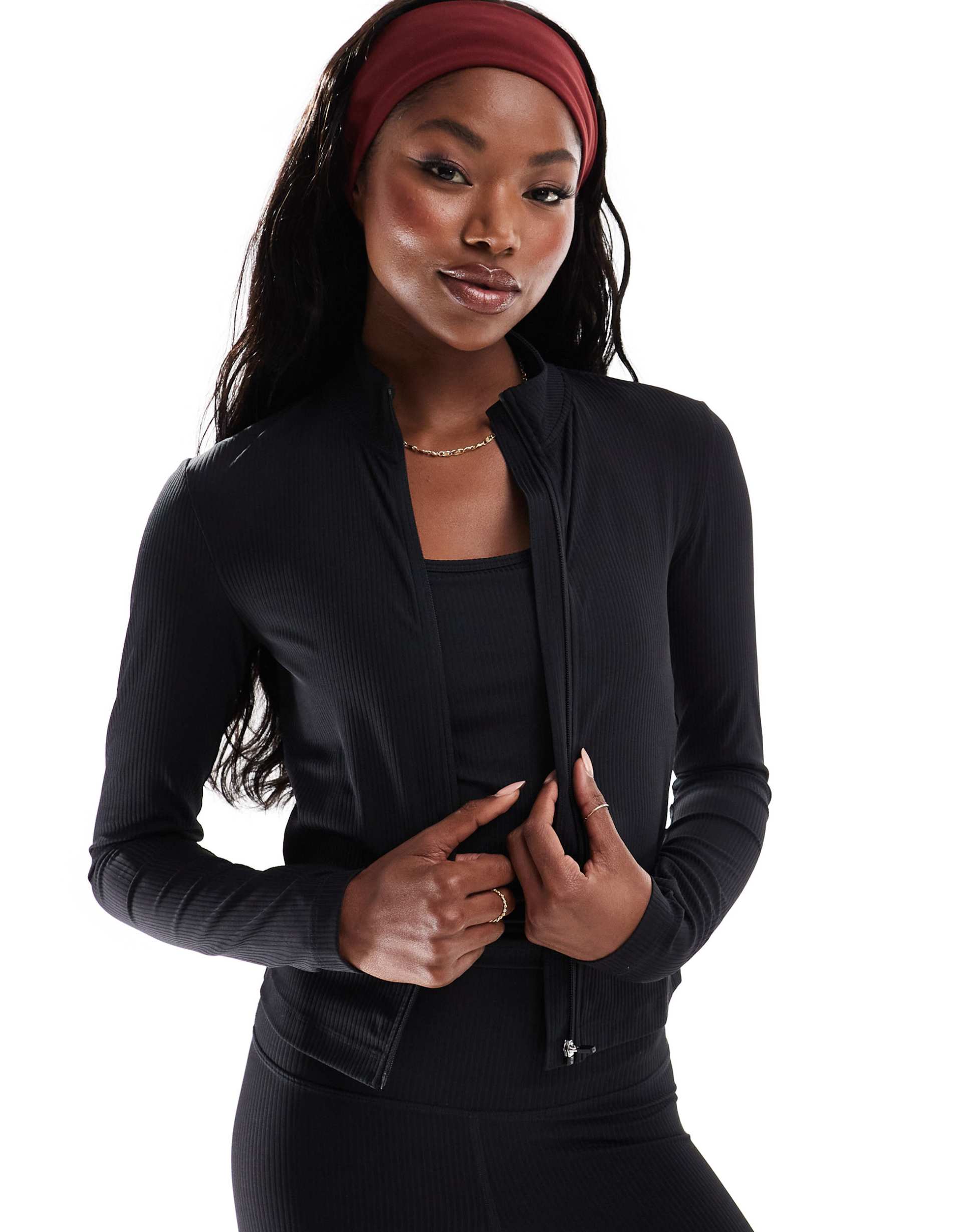 4505 active rib knit zip up performance track top in black