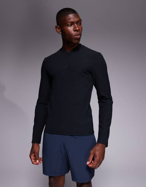 4505 active rib slim fit long sleeve zip up running top in black - view 1