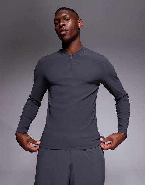 4505 active rib slim fit long sleeve zip up running top in charcoal - view 1