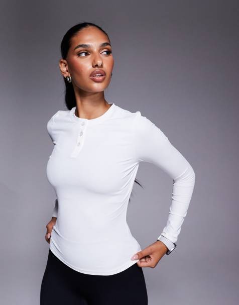 4505 active ribbed quick dry long sleeve henley layering top in white - view 1