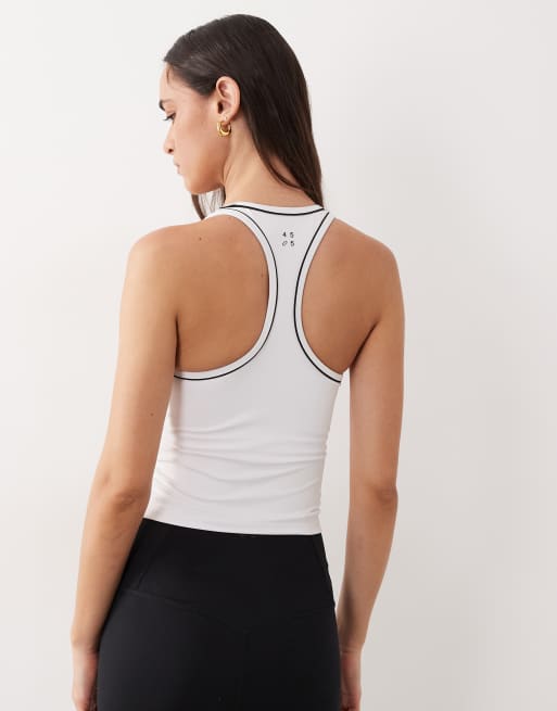 4505 active scoop neck tank top with inner bra and piping detail in white, 4 of 4