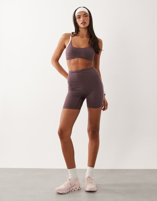 4505 active side stripe high waist 13cm legging shorts in taupe brown, 3 of 5