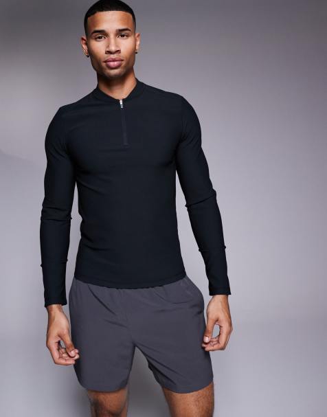 4505 - Active - Sort ribstrikket træningstop med lynlås og lange ærmer i slim fit - view 1