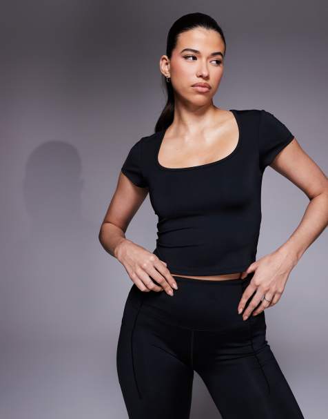 4505 active square neck cap sleeve top in black - view 1