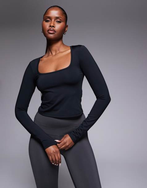 4505 active square neck long sleeve top in black - view 1