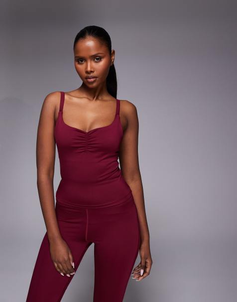 4505 Active sweetheart ruched neckline tank top with inner bra in cherry red - view 1